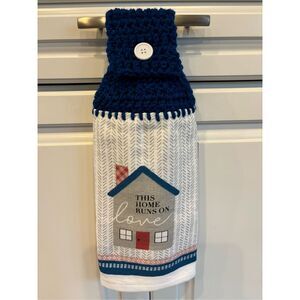 Crochet Top Kitchen Towel- This home runs on love 1 blue topper
